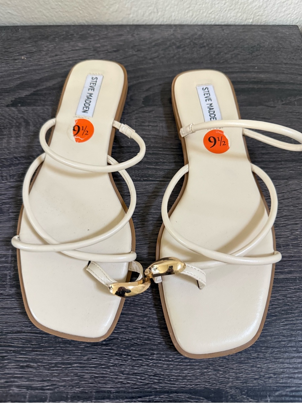 Steve Madden Cream Strappy Slide Sandals with Gold Chain Accent